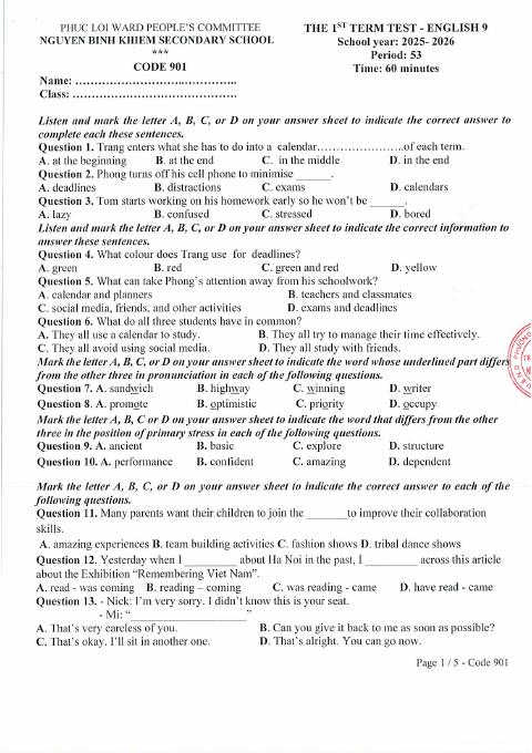 Đề thi Học kì 1 Tiếng Anh 9 năm 2025-2026 trường THCS Nguyễn Bỉnh Khiêm (Hà Nội)